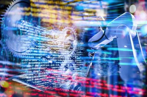 Programmcode und Industrie 4.0 Programmcode mit Industrieroboter, Zahnräde.. Stock-Fotos