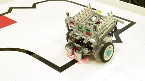 Programmed toy wagon moving along the leased line. DIY hand made model. Stock Footage 58506767