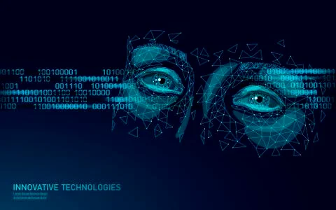 Programmer 3D low poly face code flow. Depression anxiety frustration emotion Stock Illustration