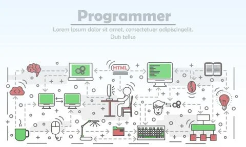 Programmer advertising vector flat line art illustration Illustrazione stock