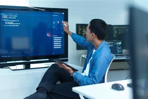 Programmer Analyzing Code on Digital Interface 写真素材