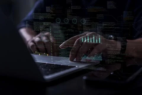 Programmer analyzing complex digital data using futuristic technology inter.. 스톡 사진