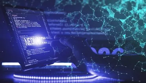Programmer analyzing digital code on a glowing futuristic interface Stockfoto's