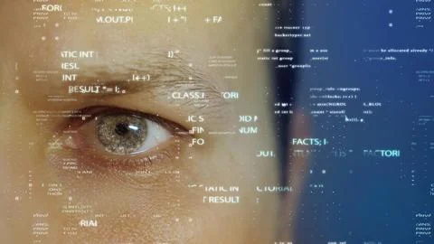 Programmer analyzing futuristic source code displayed on a transparent screen Stock Photos
