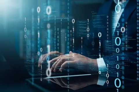 Programmer and cyber security technology, male programmer uses laptop to an.. Stock Photos