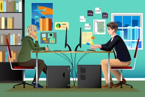 Programmer and Designer Working in an Office Stock Illustration