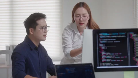 Programmer and Developer Collaborating on Software Code Video stock 343627042