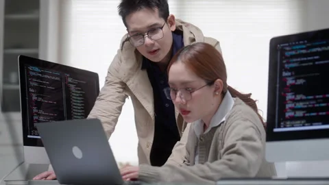 Programmer and Developer Collaborating on Software Code Video stock 343637864