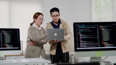 Programmer and Developer Reviewing Code on Laptop Video stock 343638668