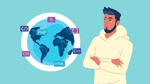 Programmer and language in earth planet Video stock 153953247