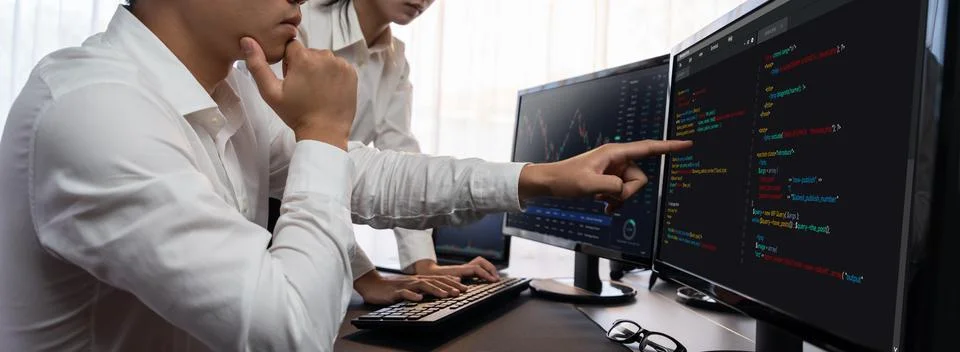 Programmer and software engineer working in tech develop company. Trailblazing Fotos de archivo