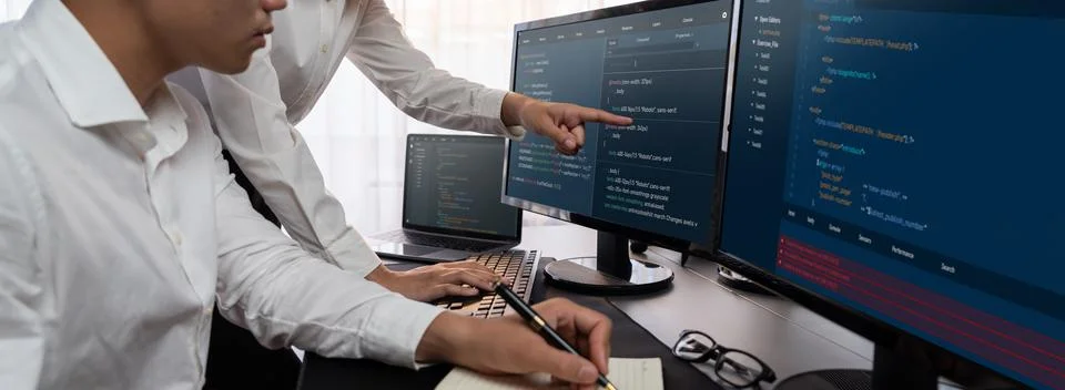 Programmer and software engineer working in tech develop company. Trailblazing 스톡 사진