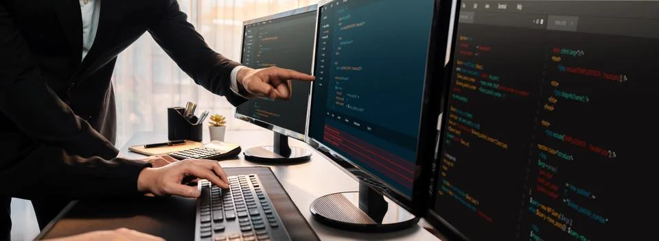 Programmer and software engineer working in tech develop company. Trailblazing Fotos de archivo