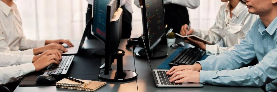 Programmer and software engineer working in tech develop company. Trailblazing Fotos de archivo