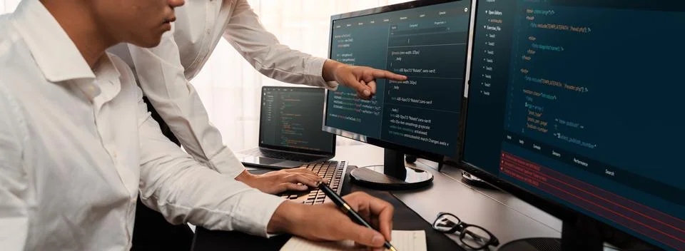 Programmer and software engineer working in tech develop company. Trailblazing Fotos de archivo