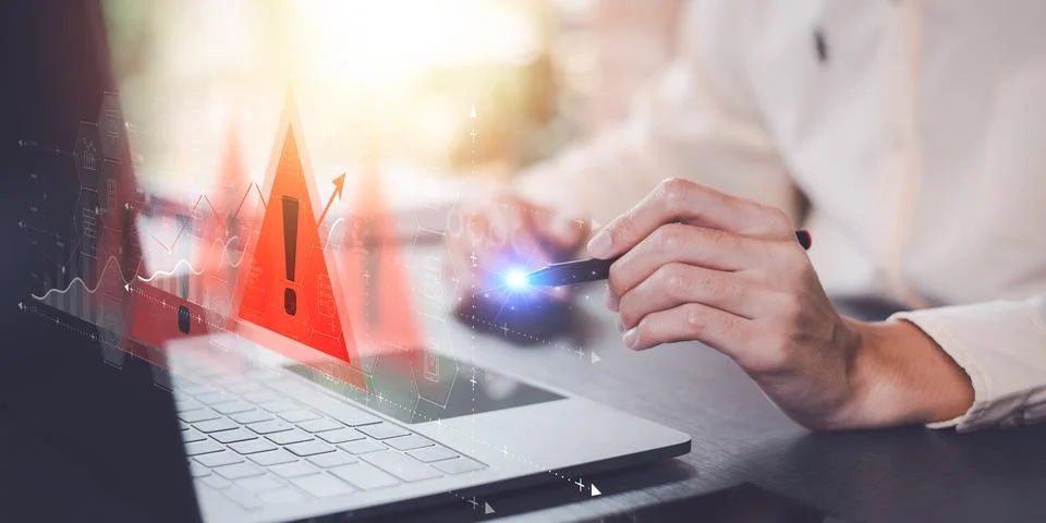 Programmer and virtual icons , exclamation mark ,alarm,computer virus detec.. Stock Photos