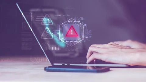 Programmer and virtual icons , exclamation mark ,alarm,computer virus detec.. Stock Photos