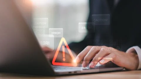 Programmer and virtual icons , exclamation mark ,alarm,computer virus detec.. 스톡 사진