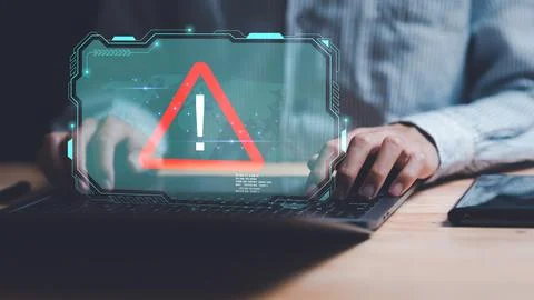 Programmer and virtual icons, exclamation mark ,alarm,computer virus detect.. Stock Photos