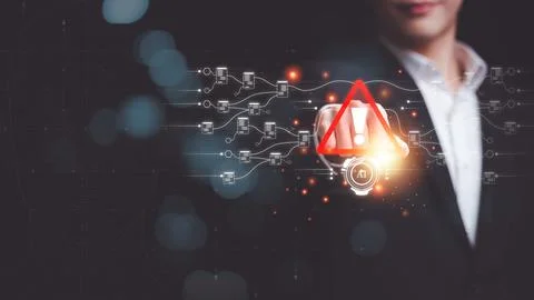 Programmer and virtual icons , exclamation mark ,alarm,computer virus detec.. Stock Photos