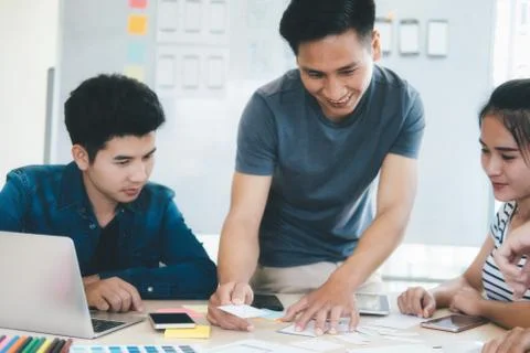 Programmer and Web designer, UX UI meeting for planing mobile application. Stock Photos