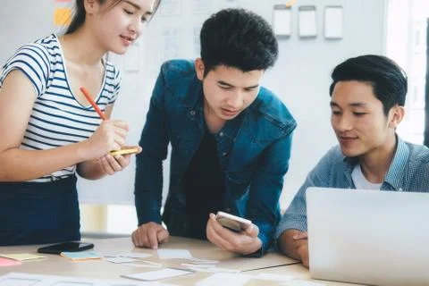 Programmer and Web designer, UX UI meeting for planing mobile application. Stock Photos