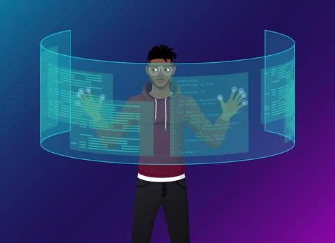 Programmer and Web Developer Using Futuristic Augmented Reality Interface Stockillustratie