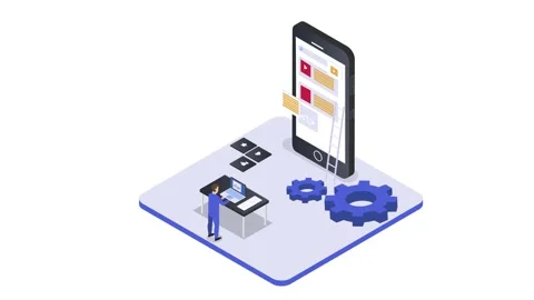 Programmer arrange website content on mobile phone Stock Footage 156528983
