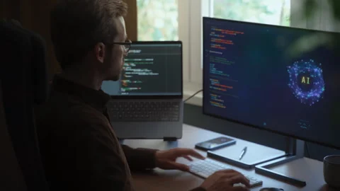 Programmer ask AI Agent or Artificial Intelligence assistant work instead of him Stock Footage 341679733