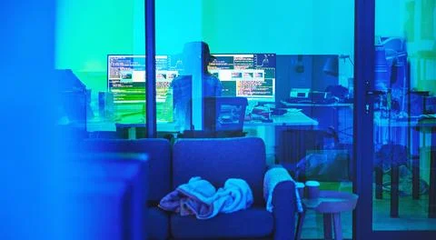 Programmer, back or computer screen in neon programming, cybersecurity Foto stock