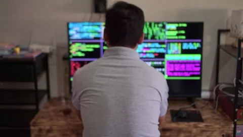 Programmer from behind watching hacker terminal screens, Stock Footage 342748316