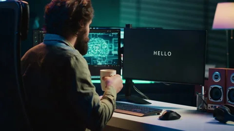 Programmer being asked existential questions by awaken AI gaining consciousness Stock Footage 266952978