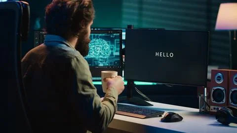 Programmer being asked existential questions by awaken AI gaining consciousness Stock Photos