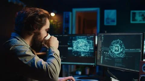 Programmer being asked existential questions by awaken AI gaining consciousness Stock Photos