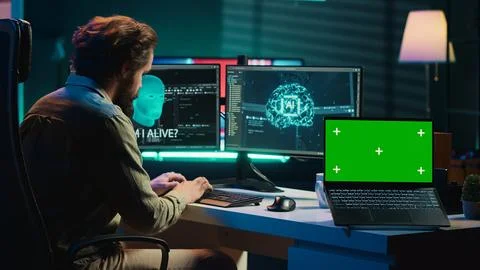 Programmer being asked existential questions by awaken AI, chroma key laptop Stock Photos