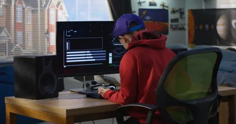 Programmer boy coding on his computer Stock Footage 105349438