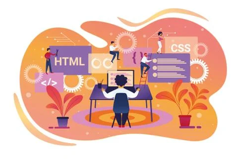 Programmer Character Working on Laptop. Teamwork Stock-Illustration