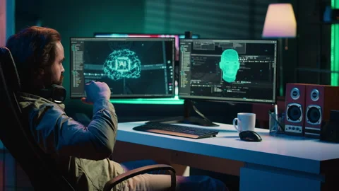 Programmer chatting with conscious AI superintelligence having moral dilemmas Stock Footage 266953946