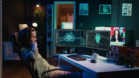 Programmer chatting with conscious AI superintelligence having moral dilemmas Stock Footage 267046732