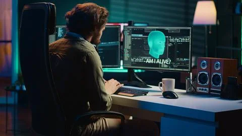 Programmer chatting with conscious AI superintelligence having moral dilemmas Stock Photos