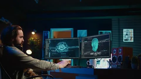 Programmer chatting with conscious AI superintelligence having moral dilemmas Stock-Fotos