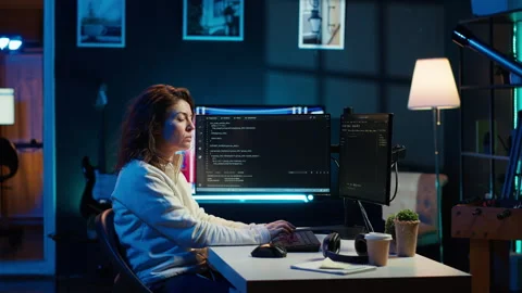 Programmer checking code on computer monitor and AR visualization Stock Footage 283596412