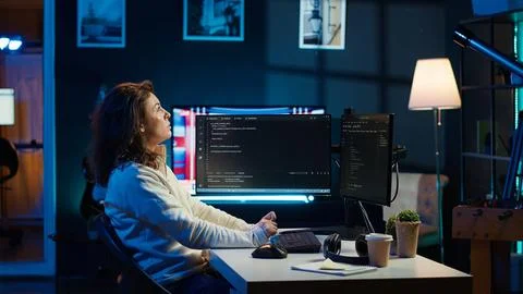 Programmer checking code on computer monitor and AR visualization Stock Photos