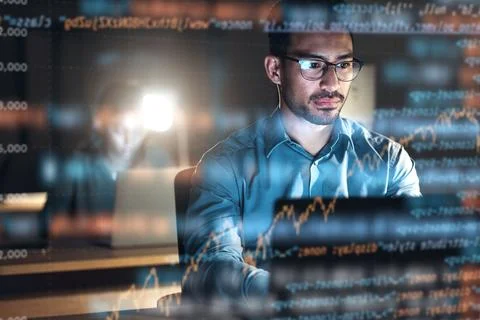 Programmer, code and man with focus, holographic and digital software with cyber Stock Photos