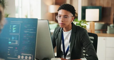 Programmer, code and woman with computer screen, office and plan for project, Stock Footage 330067968