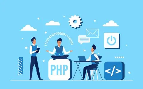 Programmer coder people team work on application development Stock Illustration