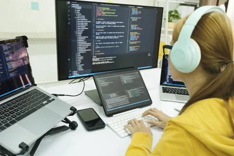 Programmer is coding and programming software. Stock-Fotos
