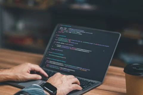 Programmer coding, compiler, encode, debug, and developer application softw.. Stock Photos