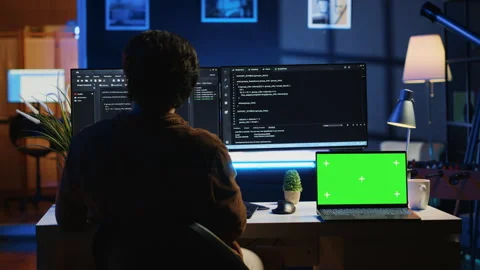 Programmer coding on computer next to isolated screen laptop in home office Stock Footage 265621679