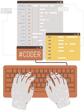 Programmer coding on computer, typing code on keyboard top view. PHP developer Stockillustratie